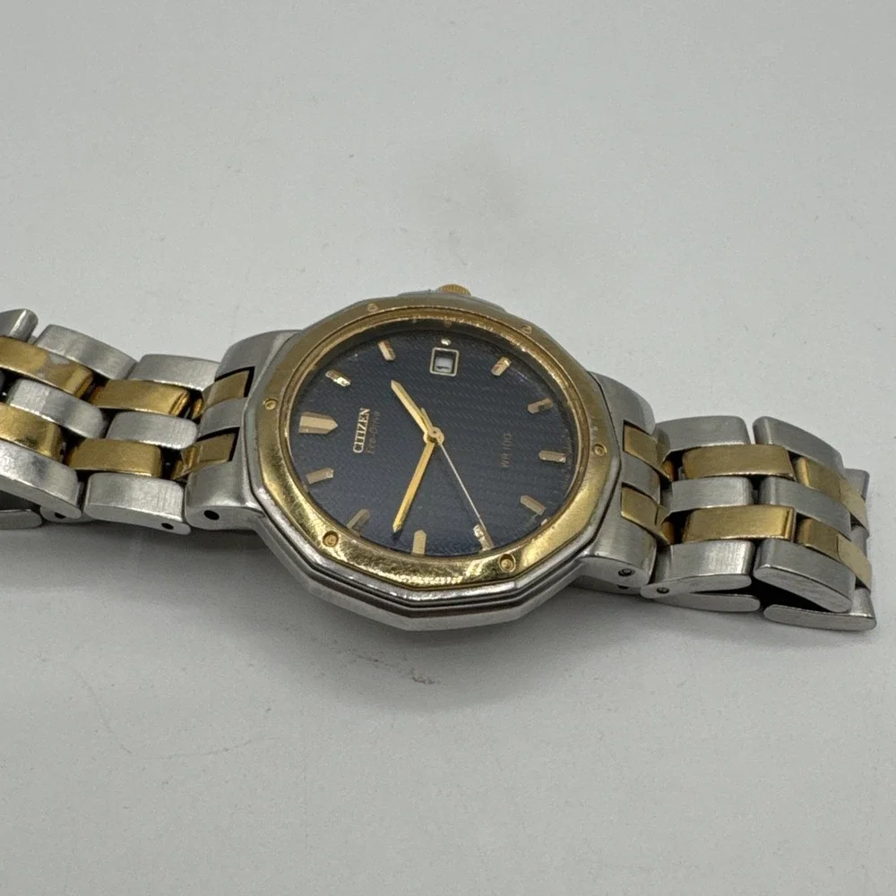 Citizen Eco-Drive Titanium WR 100 Quartz Black Dial Men's Watch‎ Two Tone Works